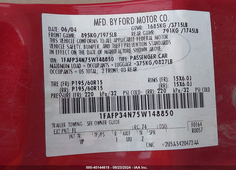 2005 FORD FOCUS ZX4 VIN: 1FAFP34N75W148850