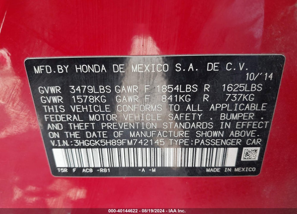 2015 HONDA FIT EX/EX-L VIN: 3HGGK5H89FM742145