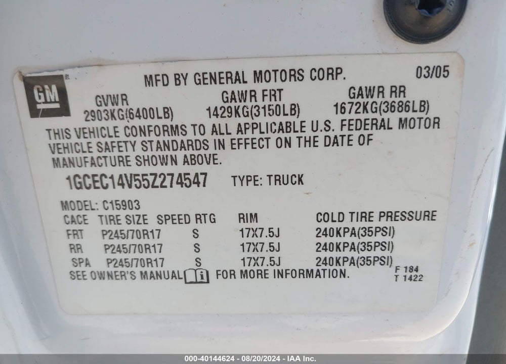 2005 CHEVROLET SILVERADO 1500 WORK TRUCK VIN: 1GCEC14V55Z274547