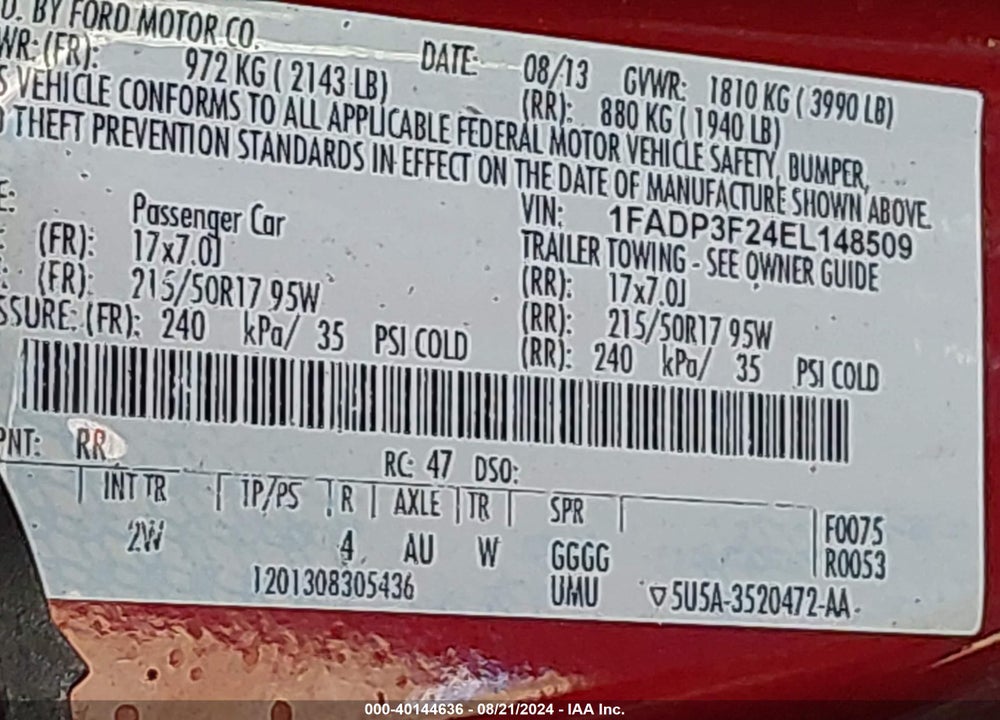 2014 FORD FOCUS VIN: 1FADP3F24EL148509