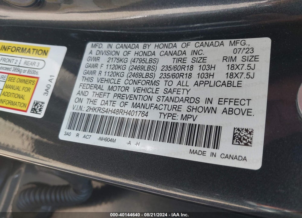 2024 HONDA CR-V EX AWD VIN: 2HKRS4H48RH401764