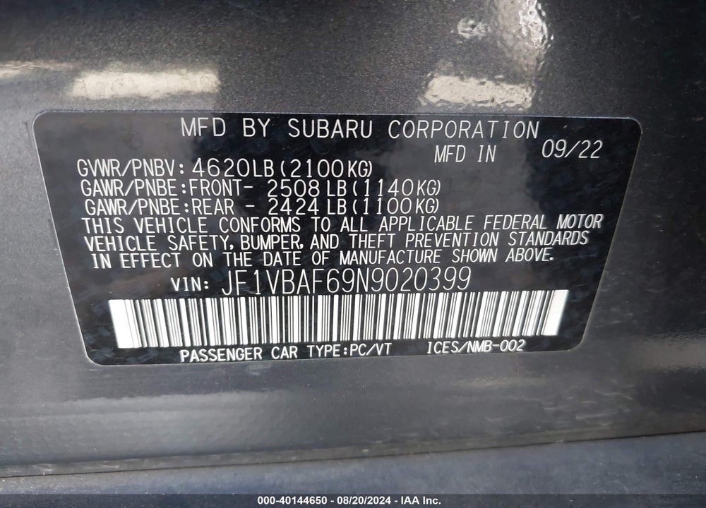 2022 SUBARU WRX PREMIUM VIN: JF1VBAF69N9020399