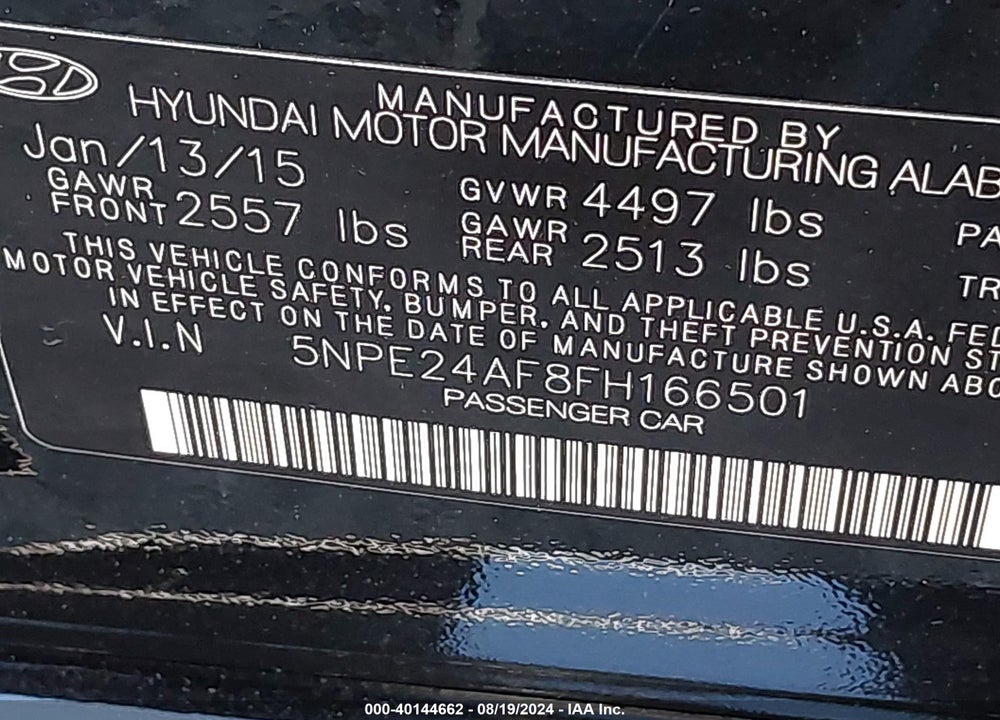 2015 HYUNDAI SONATA SE VIN: 5NPE24AF8FH166501