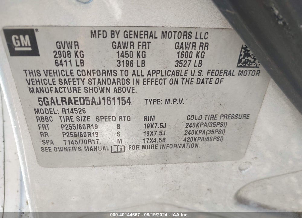 2010 BUICK ENCLAVE CX VIN: 5GALRAED5AJ161154