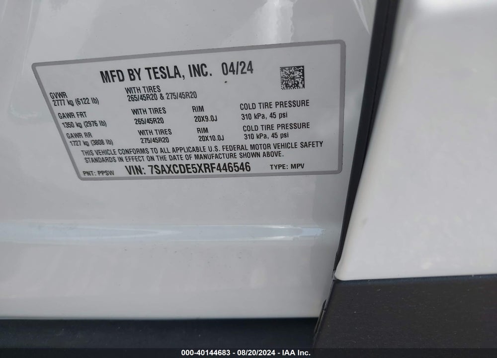 2024 TESLA MODEL X LONG RANGE VIN: 7SAXCDE5XRF446546