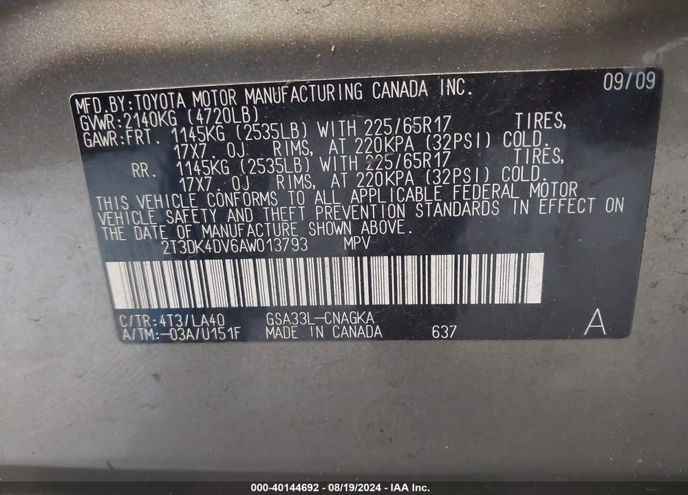 2010 TOYOTA RAV4 LIMITED V6 VIN: 2T3DK4DV6AW013793