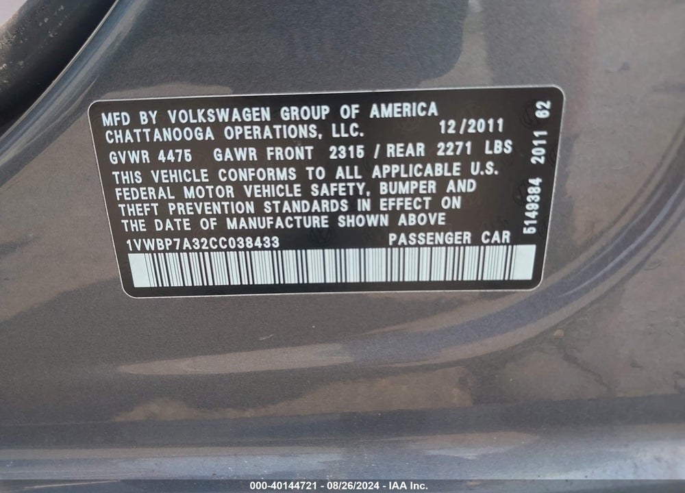 2012 VOLKSWAGEN PASSAT 2.5L SE VIN: 1VWBP7A32CC038433