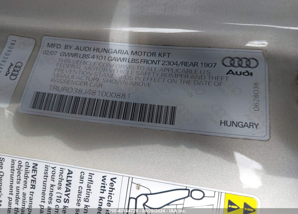 2008 AUDI TT 3.2 VIN: TRURD38J481000881