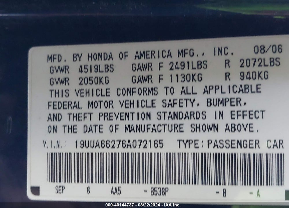 2006 ACURA TL VIN: 19UUA66276A072165
