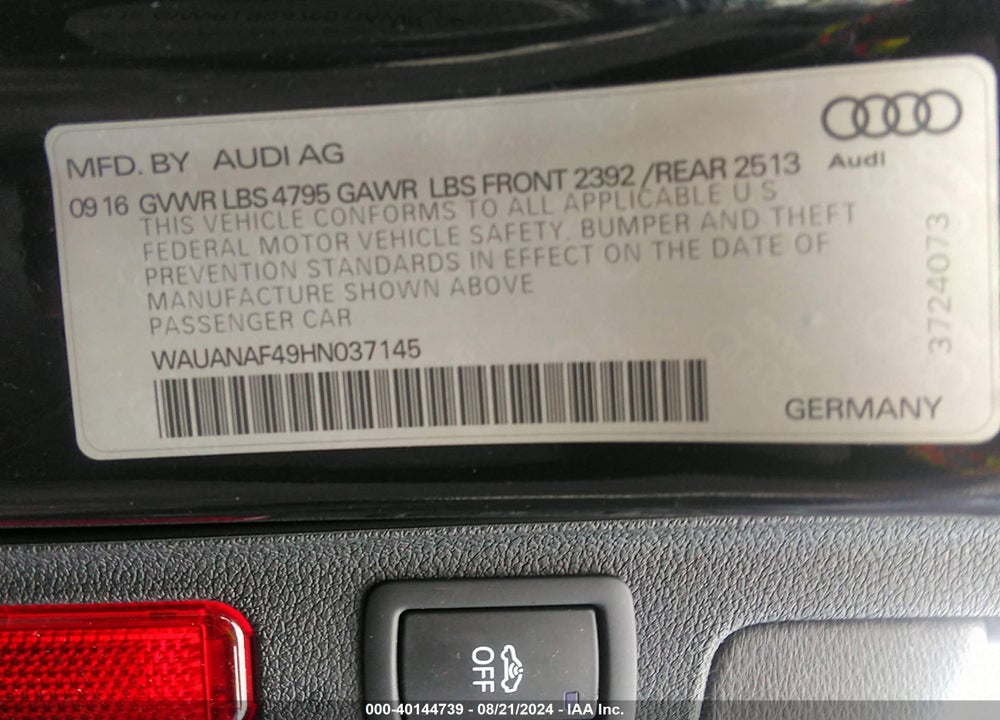 2017 AUDI A4 2.0T PREMIUM VIN: WAUANAF49HN037145
