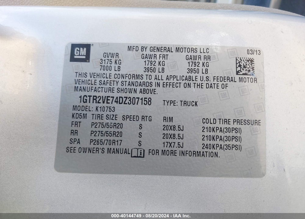 2013 GMC SIERRA 1500 SLE VIN: 1GTR2VE74DZ307158