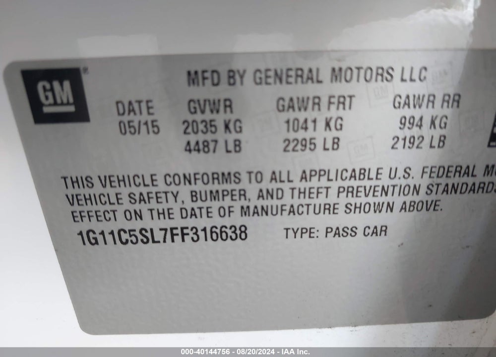 2015 CHEVROLET MALIBU 1LT VIN: 1G11C5SL7FF316638