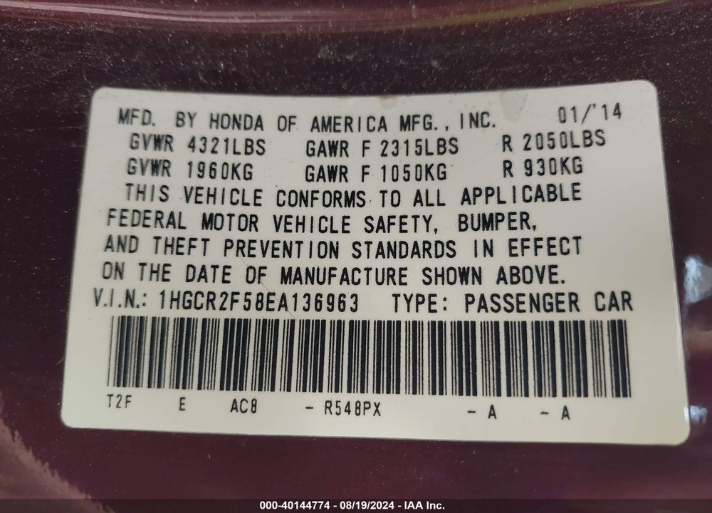 2014 HONDA ACCORD SPORT VIN: 1HGCR2F58EA136963