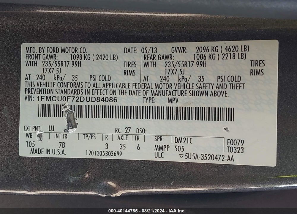 2013 FORD ESCAPE S VIN: 1FMCU0F72DUD84086
