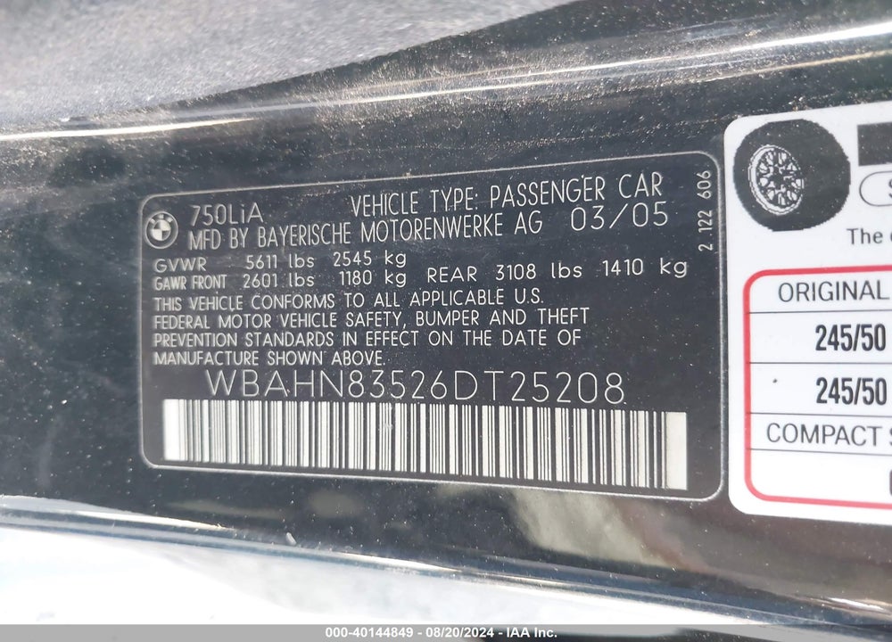2006 BMW 750LI VIN: WBAHN83526DT25208