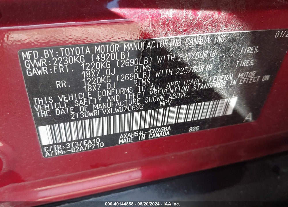2020 TOYOTA RAV4 HYBRID LIMITED VIN: 2T3DWRFVXLW070693