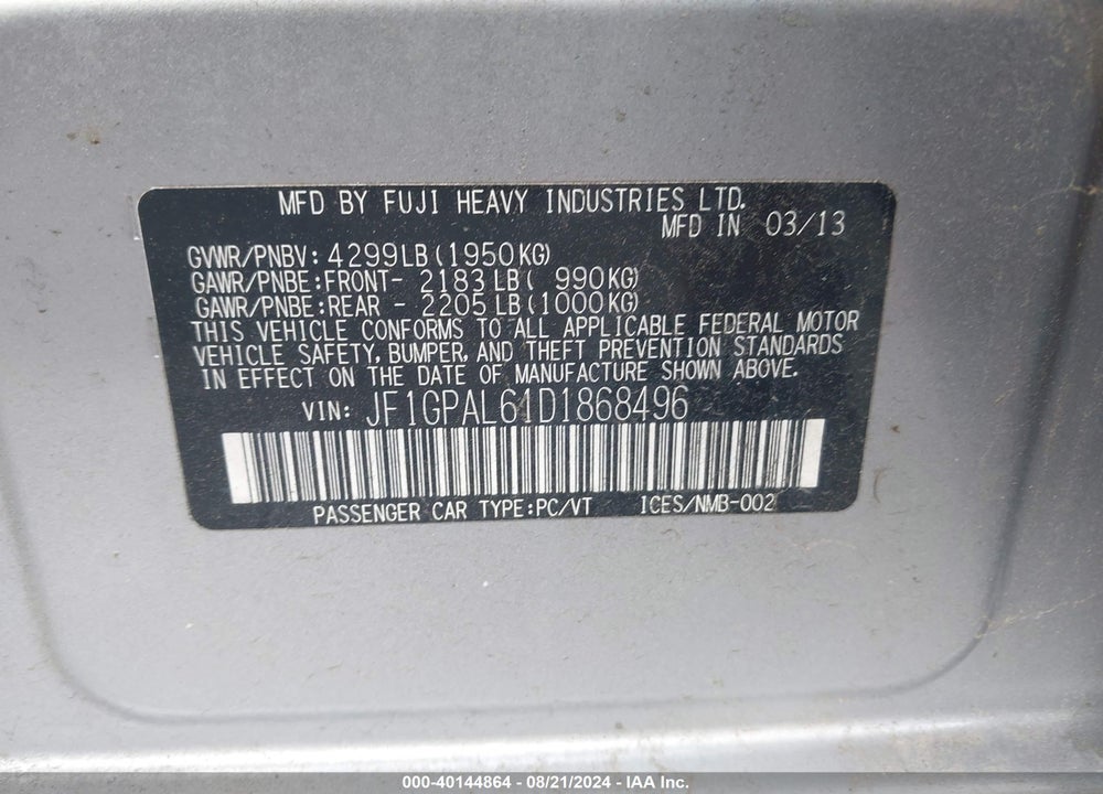 2013 SUBARU IMPREZA 2.0I SPORT PREMIUM VIN: JF1GPAL61D1868496