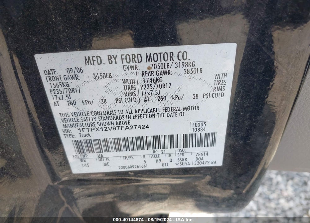 2007 FORD F-150 LARIAT/STX/XL/XLT VIN: 1FTPX12V97FA27424