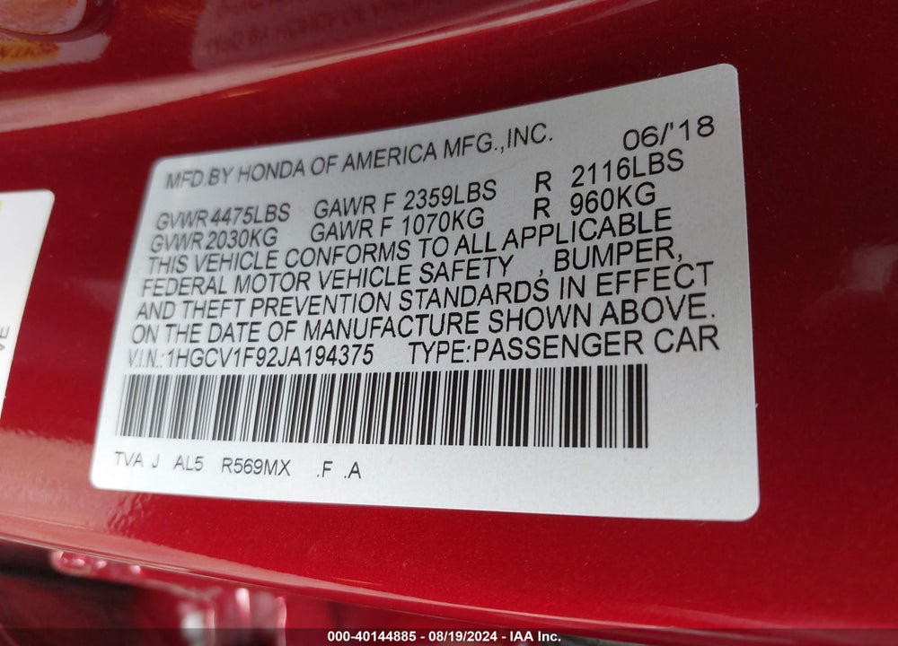 2018 HONDA ACCORD TOURING VIN: 1HGCV1F92JA194375