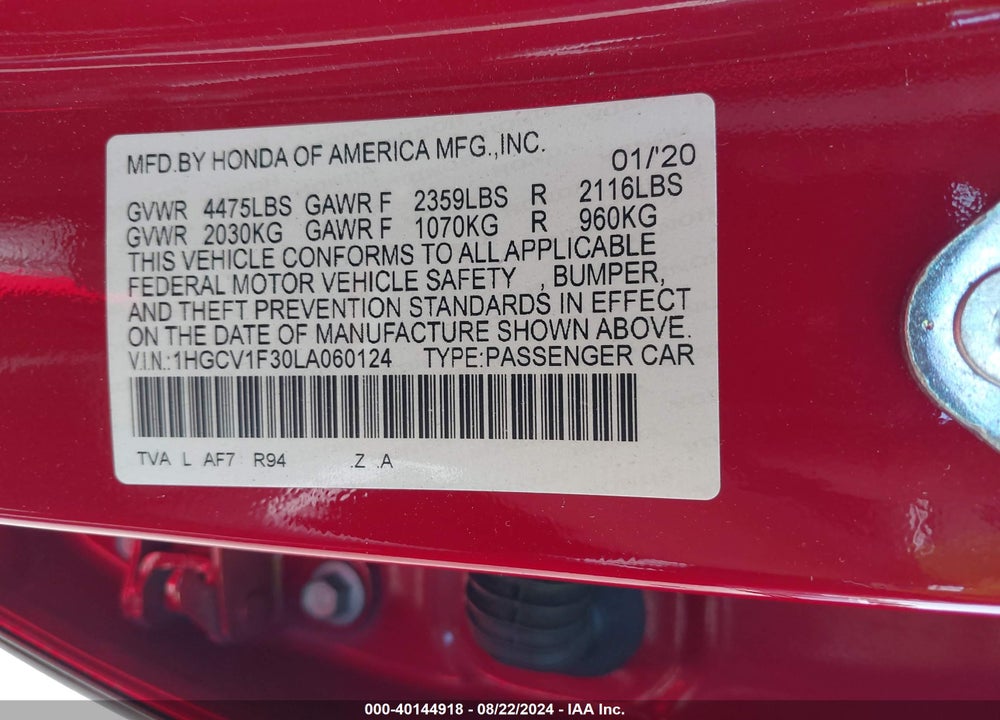 2020 HONDA ACCORD SPORT VIN: 1HGCV1F30LA060124