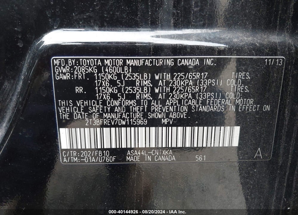 2013 TOYOTA RAV4 LE VIN: 2T3BFREV7DW115969
