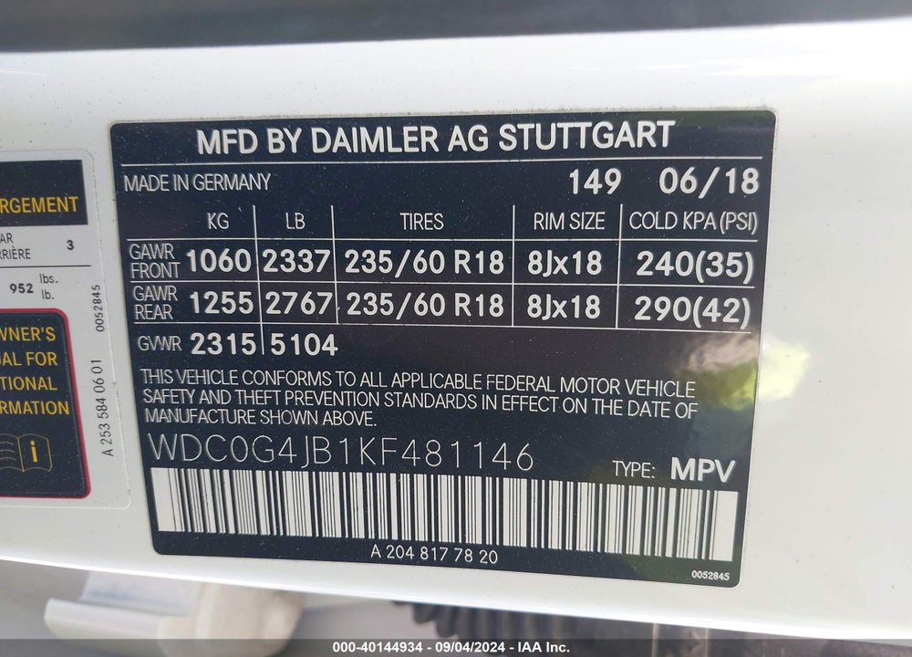 2019 MERCEDES-BENZ GLC 300 VIN: WDC0G4JB1KF481146