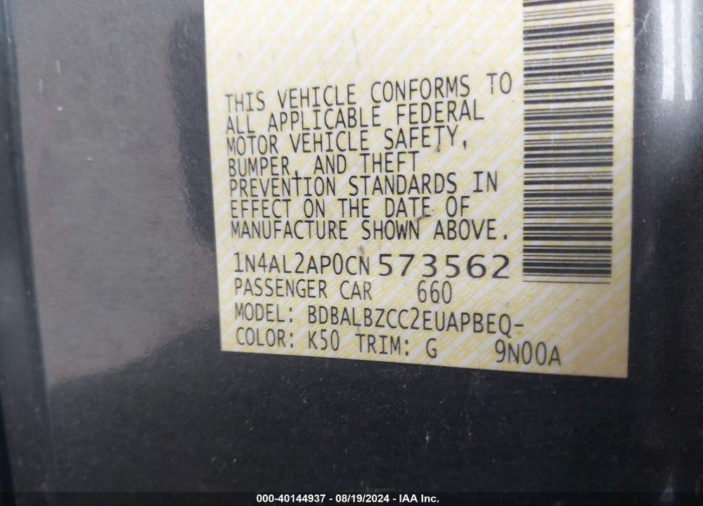 2012 NISSAN ALTIMA 2.5 S VIN: 1N4AL2AP0CN573562
