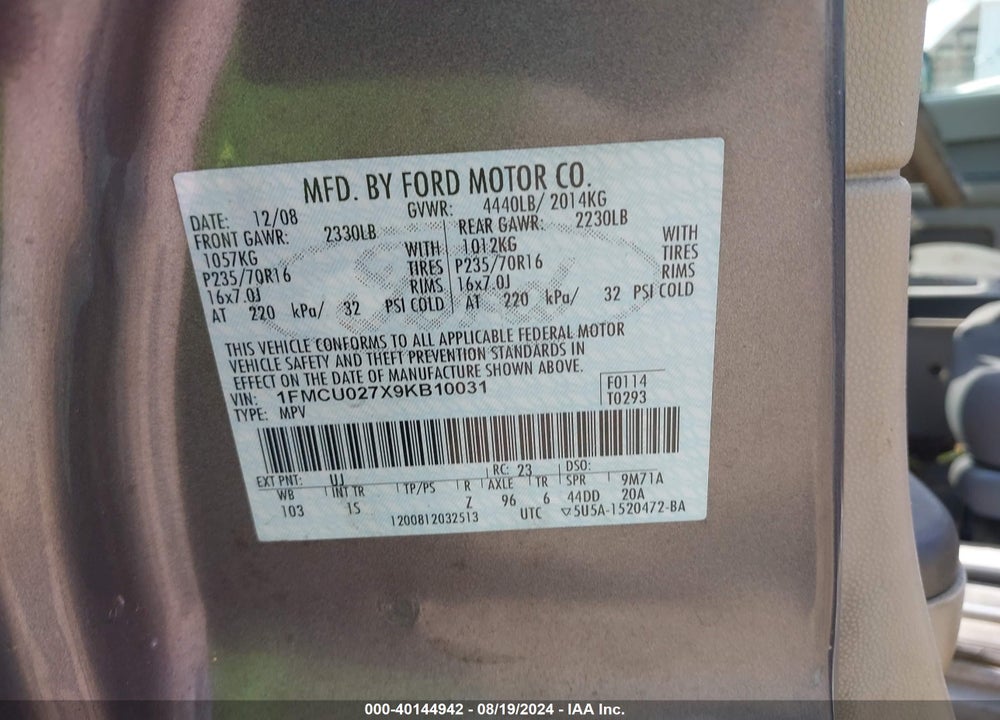 2009 FORD ESCAPE XLS/XLS MANUAL VIN: 1FMCU027X9KB10031