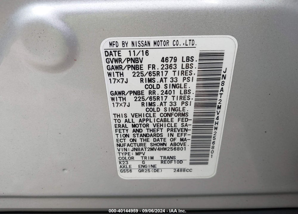 2017 NISSAN ROGUE S VIN: JN8AT2MV4HW256801