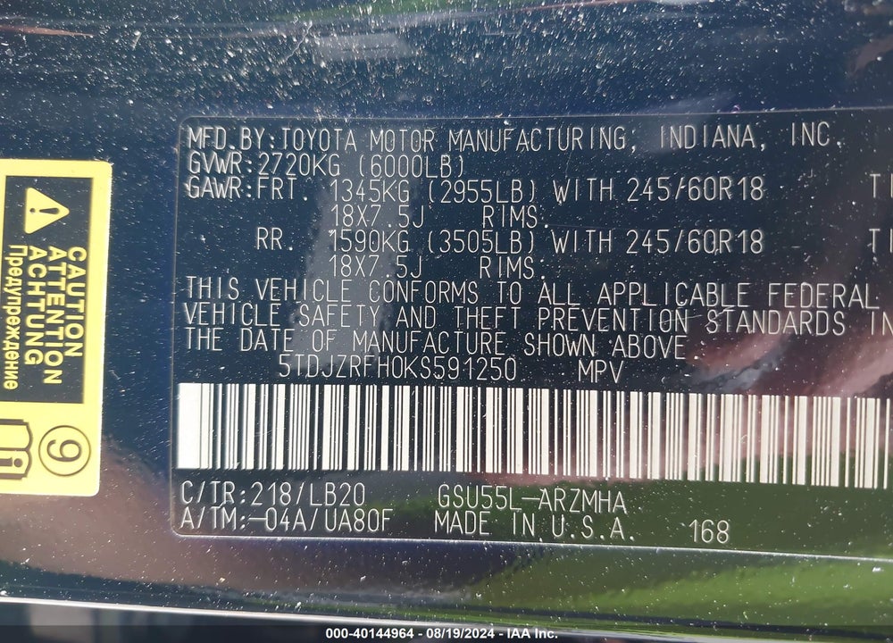 2019 TOYOTA HIGHLANDER XLE VIN: 5TDJZRFH0KS591250