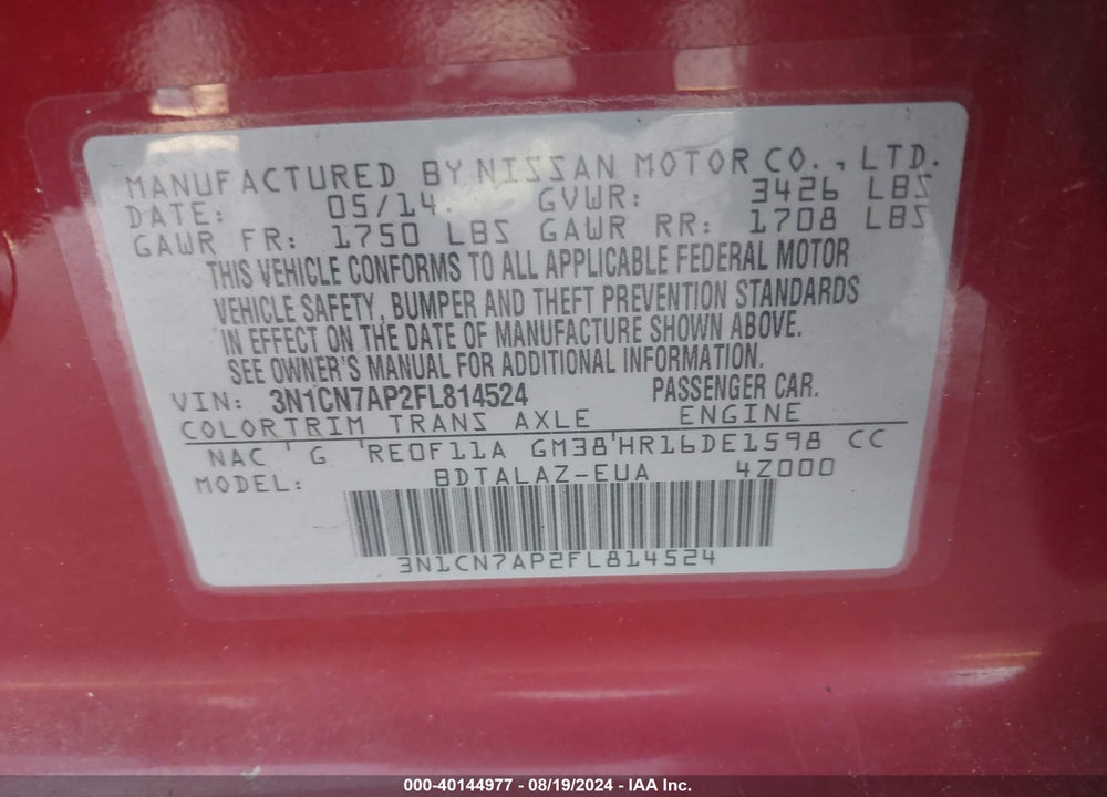 2015 NISSAN VERSA 1.6 S+ VIN: 3N1CN7AP2FL814524