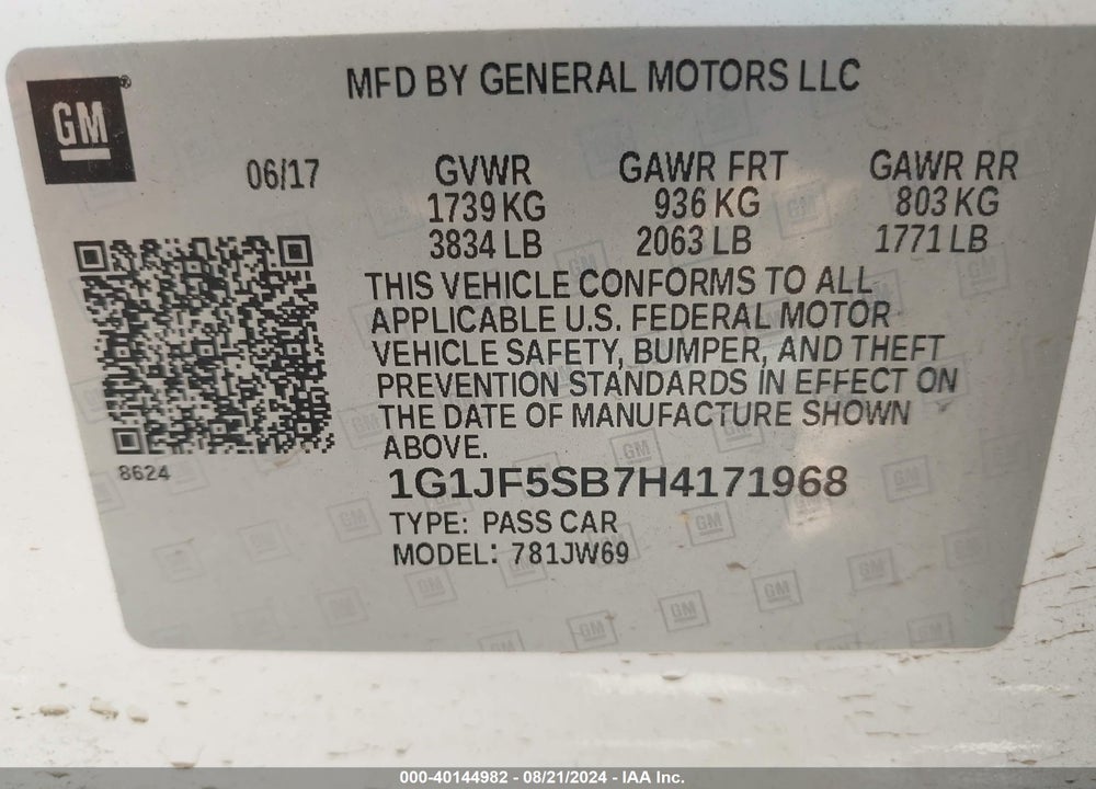 2017 CHEVROLET SONIC PREMIER AUTO VIN: 1G1JF5SB7H4171968