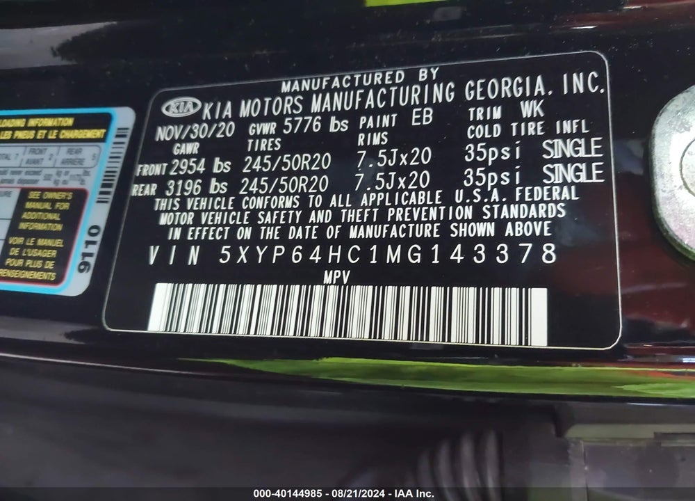 2021 KIA TELLURIDE S VIN: 5XYP64HC1MG143378