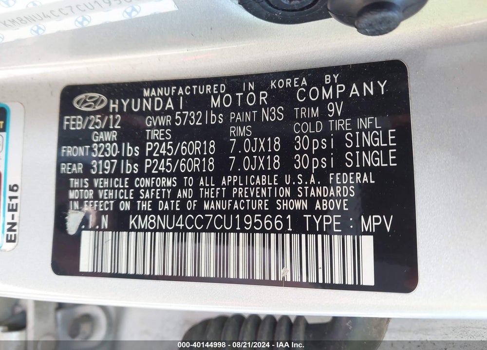 2012 HYUNDAI VERACRUZ LIMITED VIN: KM8NU4CC7CU195661