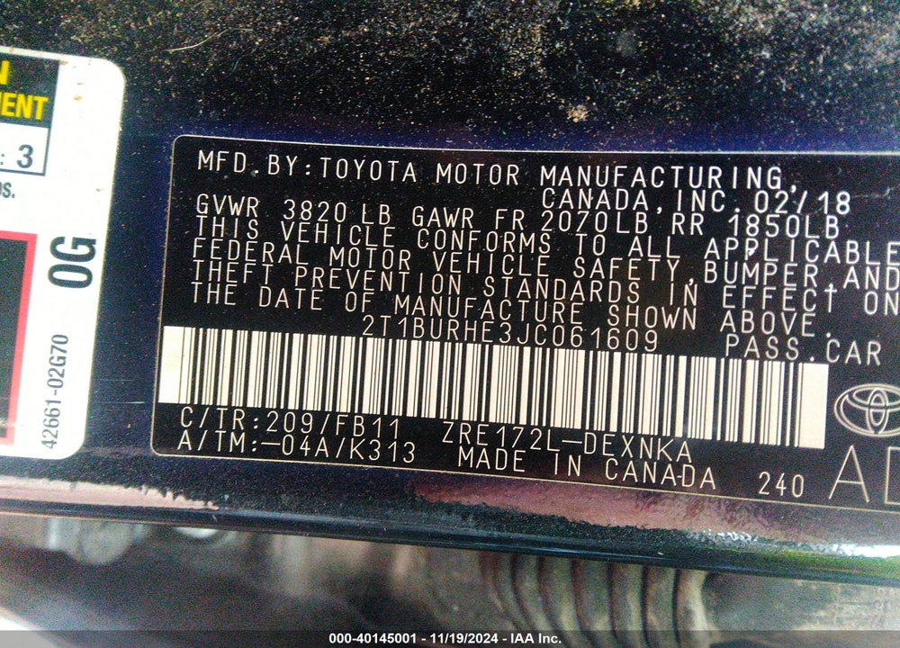 2018 TOYOTA COROLLA LE VIN: 2T1BURHE3JC061609