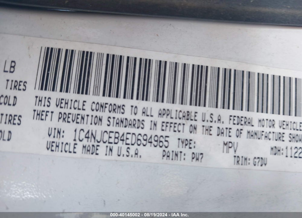 2014 JEEP COMPASS LATITUDE VIN: 1C4NJCEB4ED694965