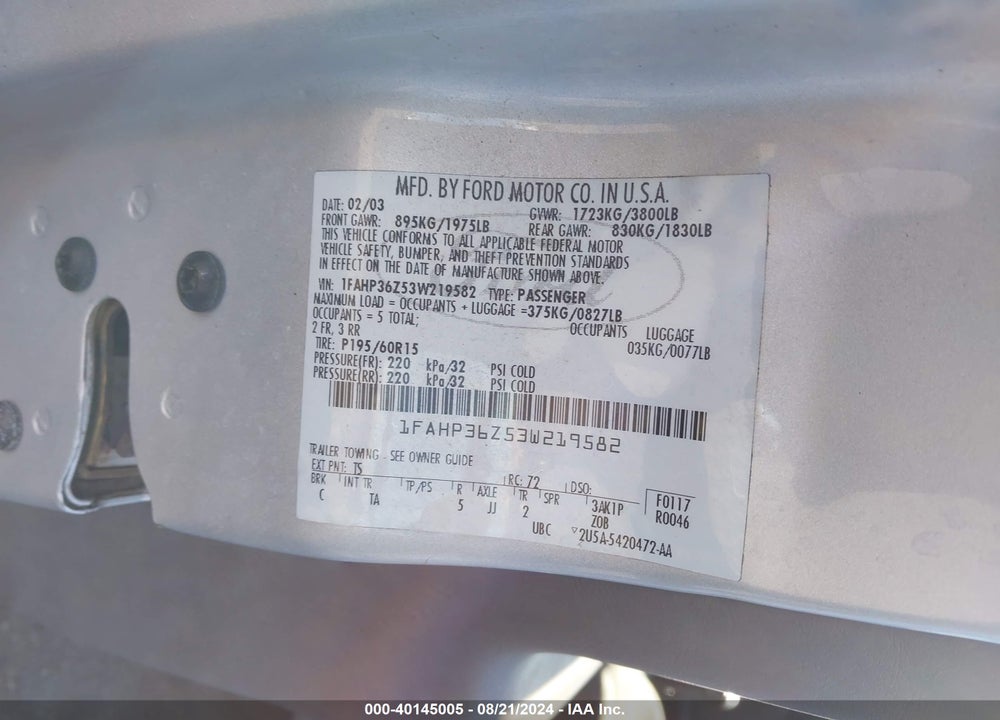 2003 FORD FOCUS SE VIN: 1FAHP36Z53W219582