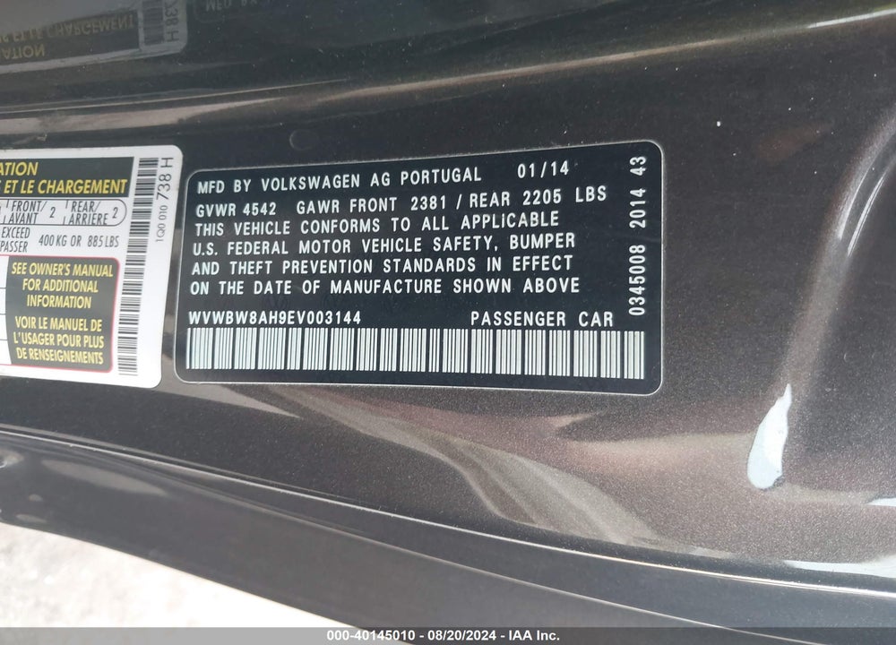 2014 VOLKSWAGEN EOS KOMFORT VIN: WVWBW8AH9EV003144