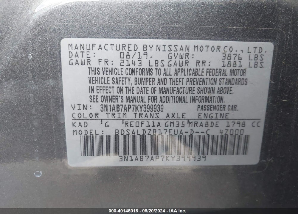 2019 NISSAN SENTRA SV VIN: 3N1AB7AP7KY399939