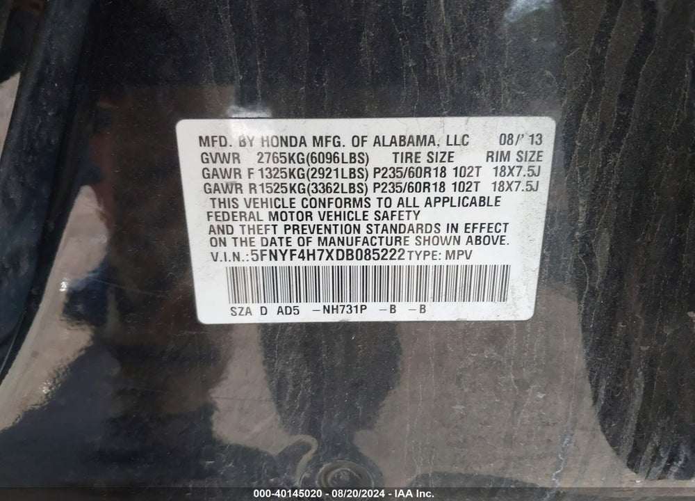 2013 HONDA PILOT EX-L VIN: 5FNYF4H7XDB085222