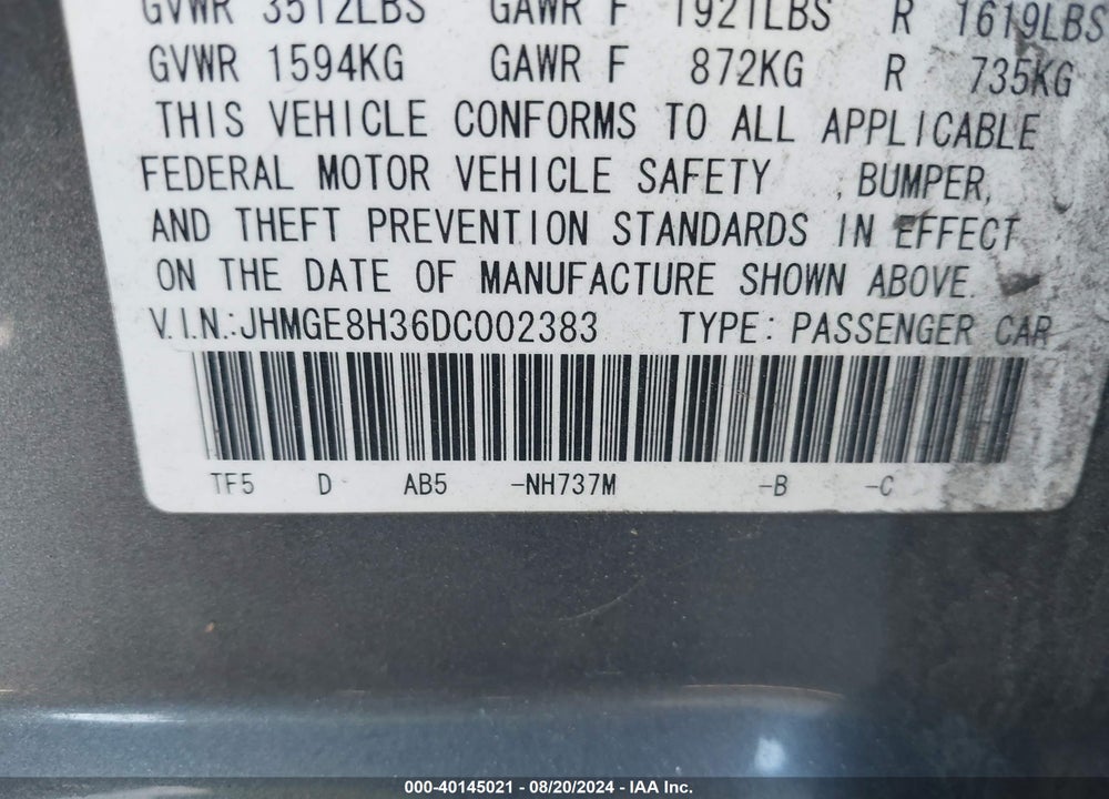 2013 HONDA FIT VIN: JHMGE8H36DC002383