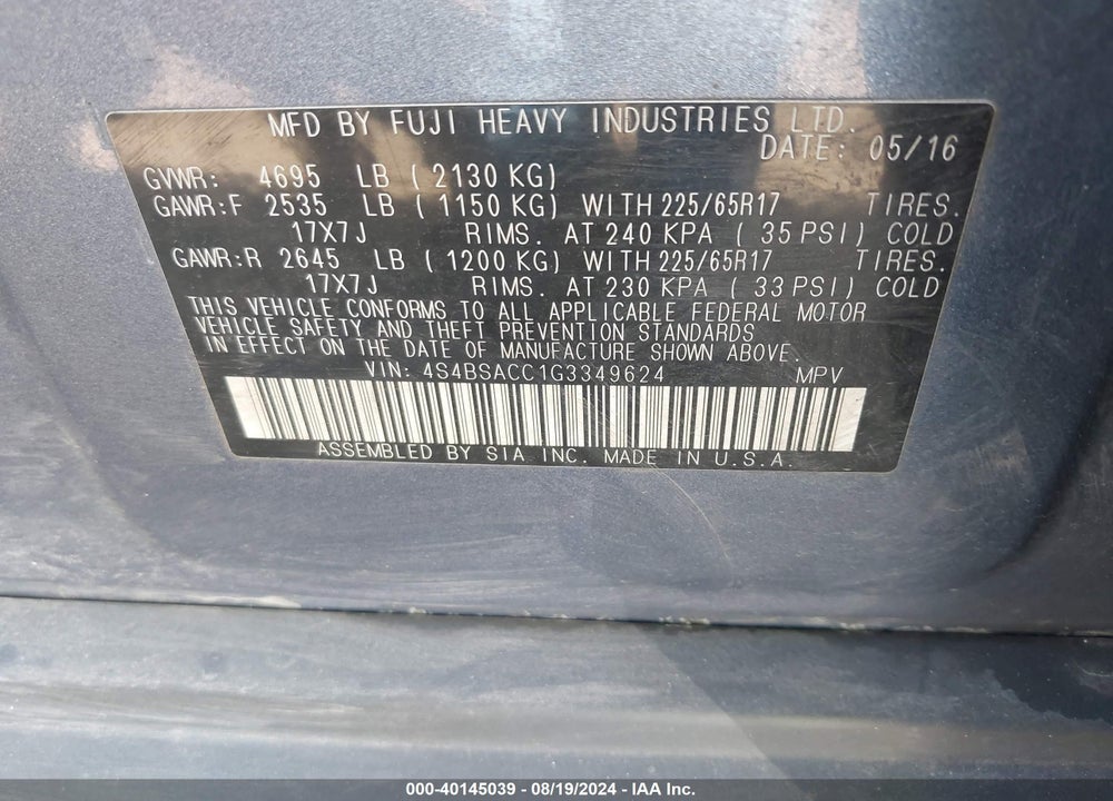 2016 SUBARU OUTBACK 2.5I PREMIUM VIN: 4S4BSACC1G3349624