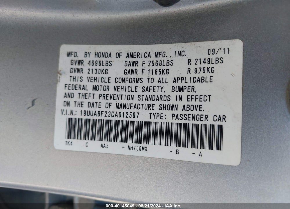 2012 ACURA TL VIN: 19UUA8F23CA012567