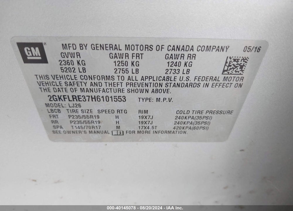 2017 GMC TERRAIN DENALI VIN: 2GKFLRE37H6101553
