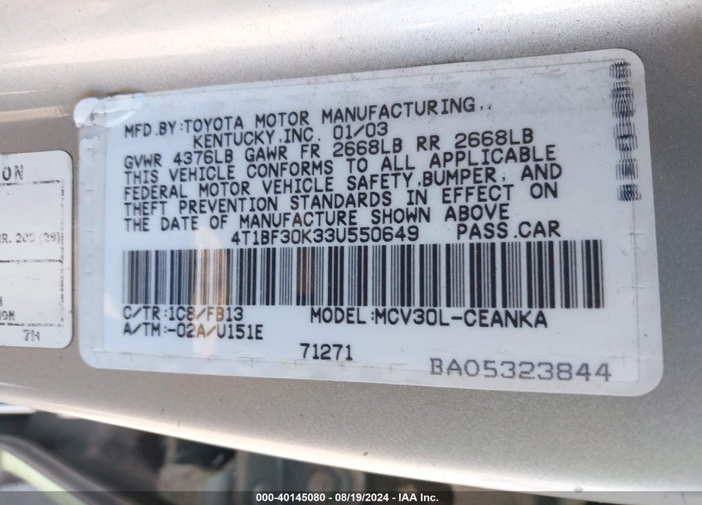 2003 TOYOTA CAMRY LE V6 VIN: 4T1BF30K33U550649