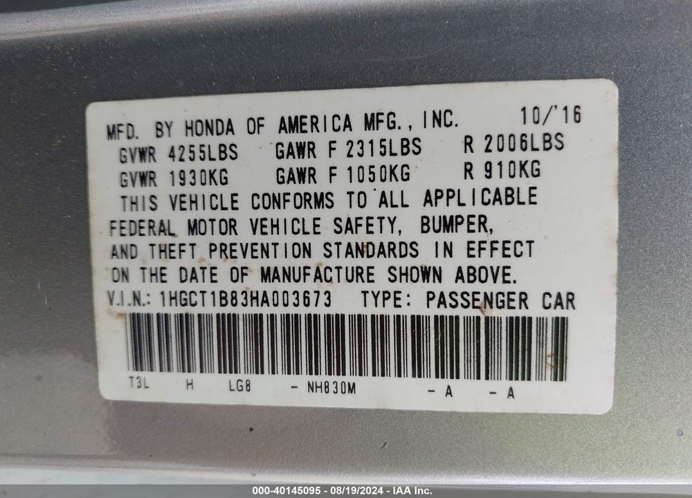 2017 HONDA ACCORD EX-L VIN: 1HGCT1B83HA003673