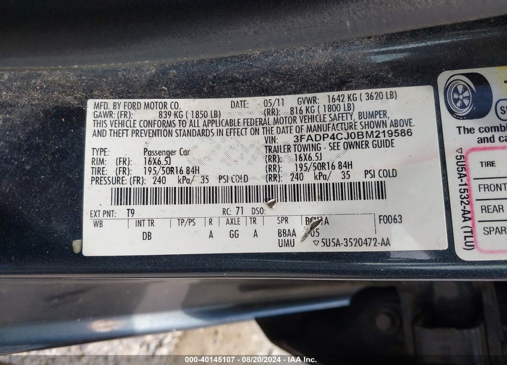 2011 FORD FIESTA SEL VIN: 3FADP4CJ0BM219586