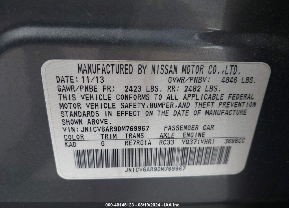 2013 INFINITI G37X VIN: JN1CV6AR9DM769967