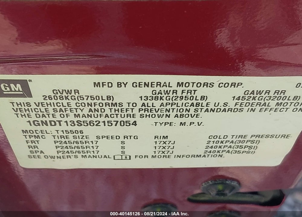 2006 CHEVROLET TRAILBLAZER LT VIN: 1GNDT13S562157054