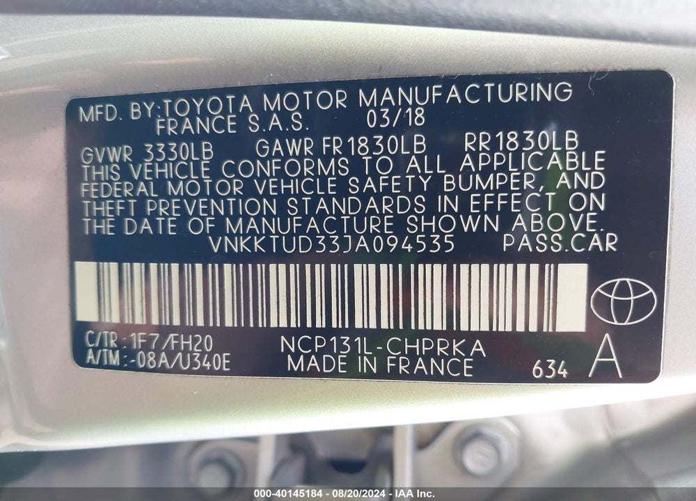 2018 TOYOTA YARIS L VIN: VNKKTUD33JA094535